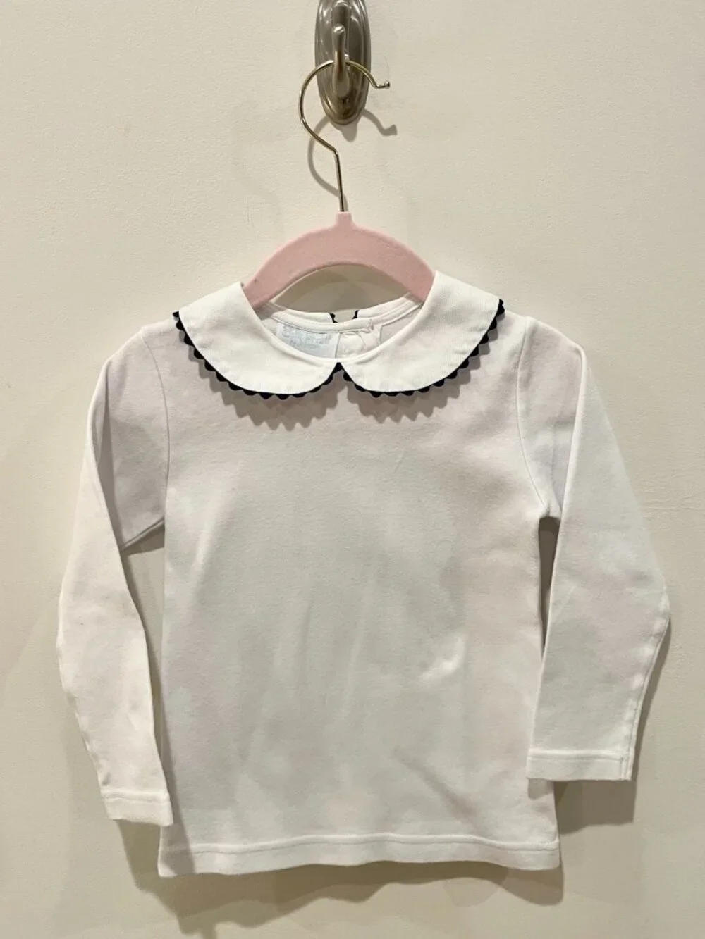 Girls White Peter Pan Collar shirt with Navy Ric Rac Trim - Sz 24 mo.